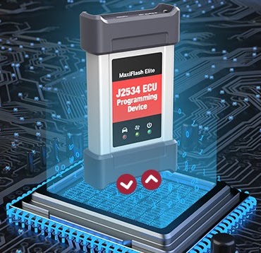 MaxiFlash Elite J2534 ECU programming device displayed above a computer chip, illustrating its role in vehicle electronics programming.