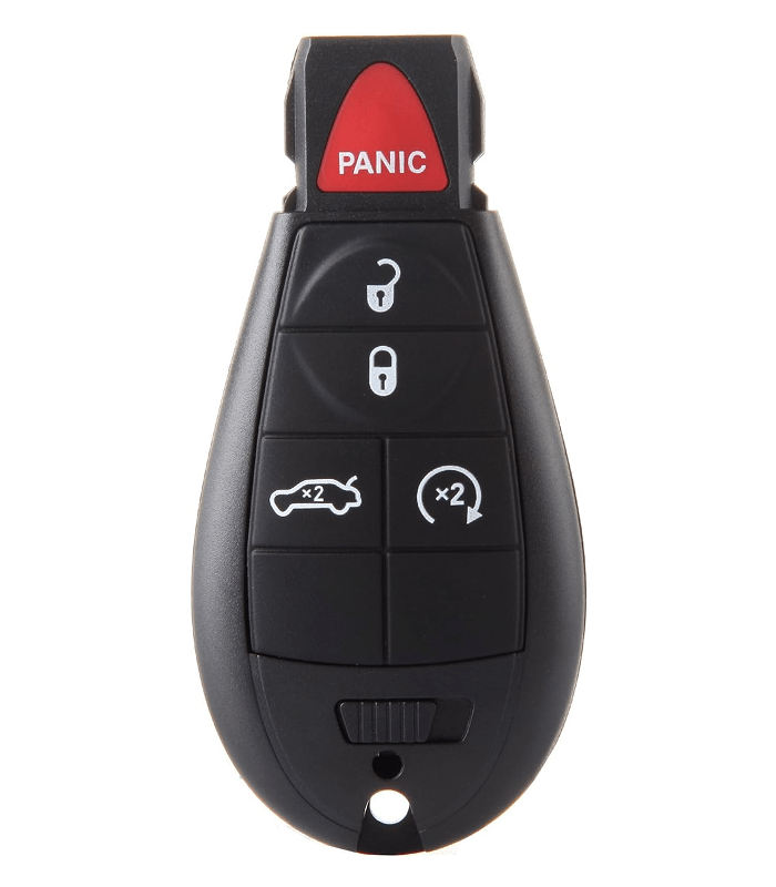 Car key fob featuring buttons for locking, unlocking, panic, and other functionalities, essential for vehicle access and security.