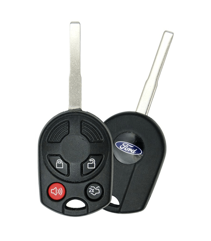 Ford key fob featuring buttons for locking, unlocking, and remote start, with an attached metal key blade, relevant for vehicle security and access.