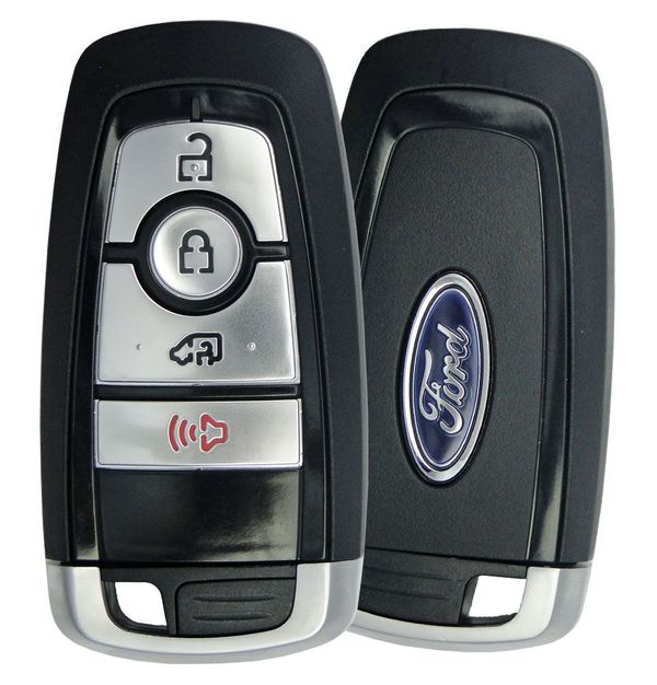 Ford key fob featuring buttons for lock, unlock, and remote start. Essential for vehicle access and security, illustrating modern automotive technology.