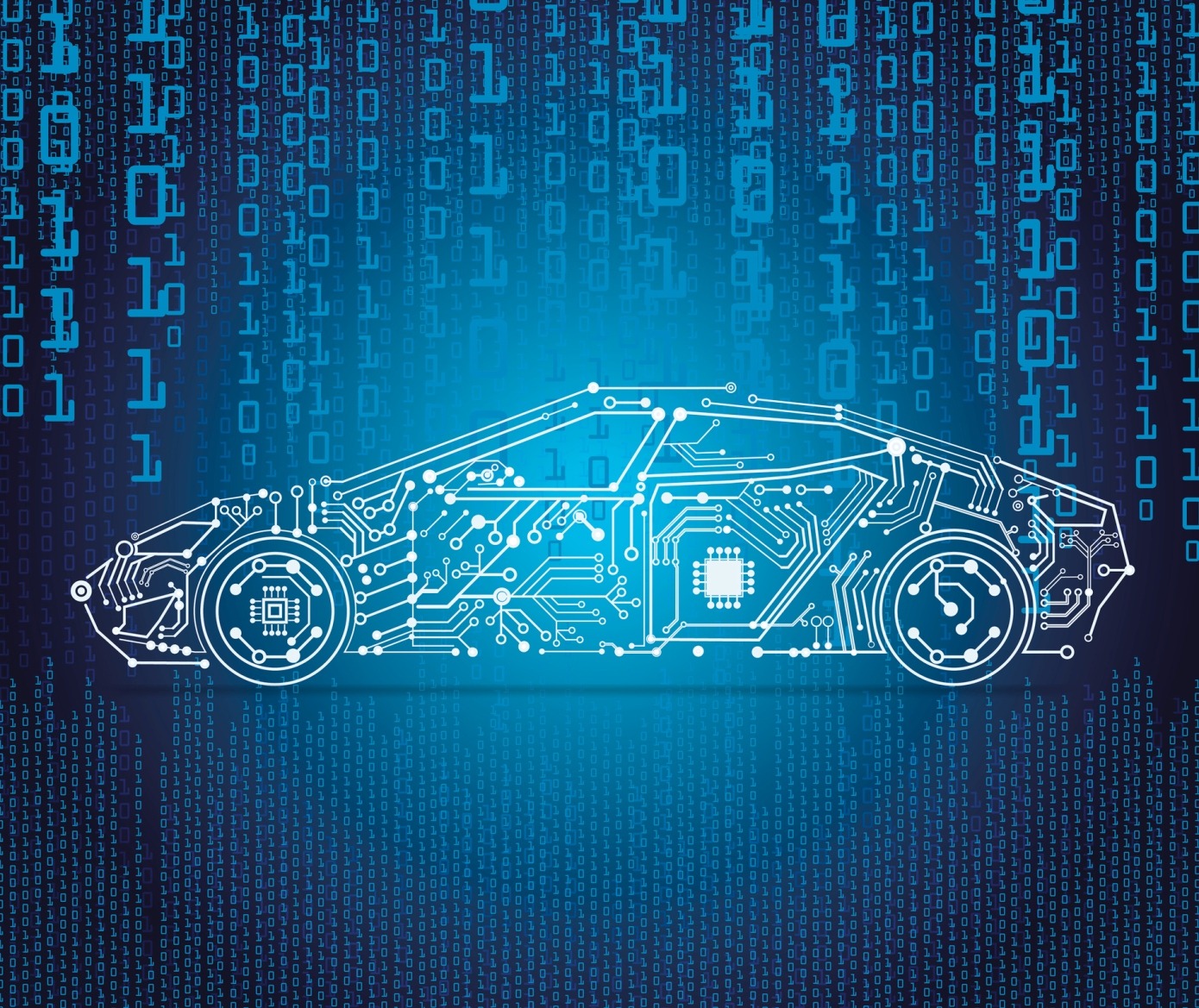 Stylized silhouette of a car made from circuit patterns, set against a background of digital binary code, symbolizing automotive technology and innovation.