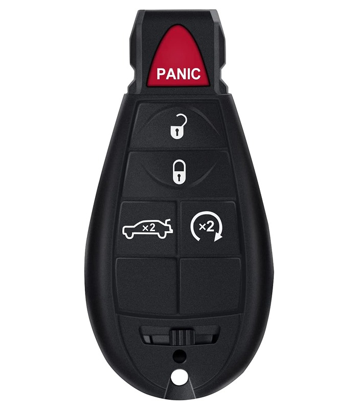 Car key fob featuring buttons for locking, unlocking, trunk release, and a panic alarm. Essential for vehicle access and security.