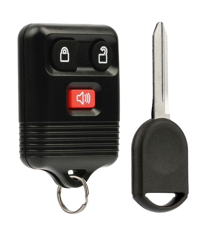 Car key fob and key featuring lock, unlock, and panic buttons. Essential for vehicle access and security.