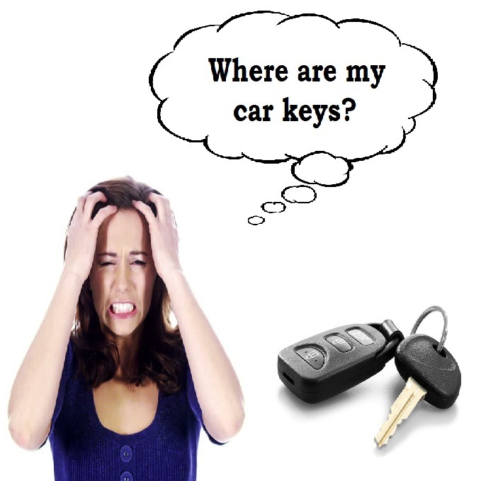 Stressed woman holding her head with a thought bubble asking, "Where are my car keys?" Next to her is a set of car keys, illustrating frustration and urgency.