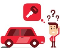 A confused man stands next to a red car, pondering the missing keys represented by an above icon. The image highlights the frustration of lost car keys.