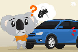 A confused cartoon koala in an orange shirt stands next to a blue car, pondering over a car key, illustrating a funny dilemma about car ownership.