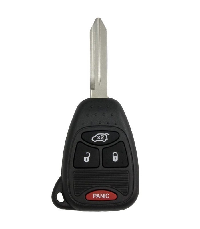 Car key fob with a metal key blade, featuring lock, unlock, and panic buttons. Essential for vehicle access and security.