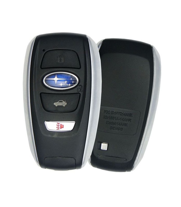 Subaru key fob featuring buttons for locking, unlocking, and panic alarm. Relevant for users needing information on Subaru smart keys.